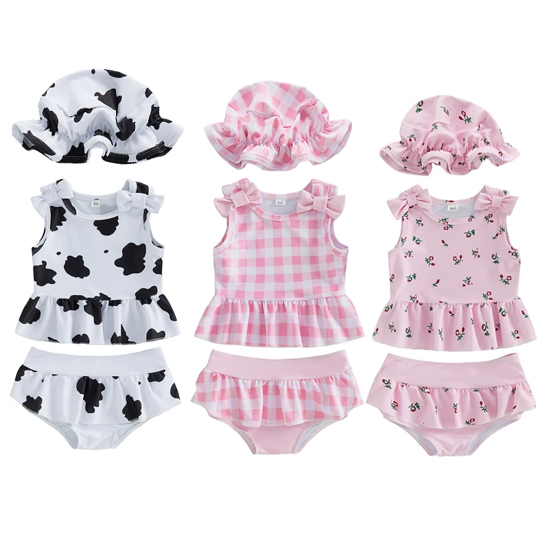 Traje de baño de niña con estampado cuadros y flores, volantes