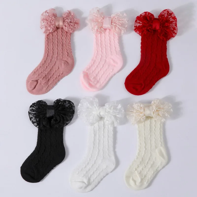 Calcetines de punto Jacquard para bebé, conjunto de diadema de Color sólido con lazo grande, calzado para recién nacido, accesorios de fotografía para niñas y niños - imagen 2