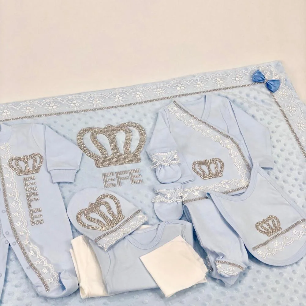 100% tela de algodón tejida de manga larga burbuja de alta calidad moderno recién nacido nuevo diseño azul bebé mameluco conjunto manta de bebé - imagen 5