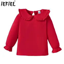 Blusa de algodón suave con cuello de volantes para niñas pequeñas, camiseta de Color sólido, bonita, ropa de uso diario, escuela