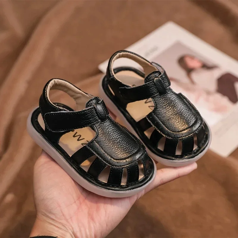 Sandalias de cuero genuino para bebés y niños, zapatos de playa de verano con dibujos animados para niños pequeños, zapatos informales antideslizantes de suela blanda - imagen 3