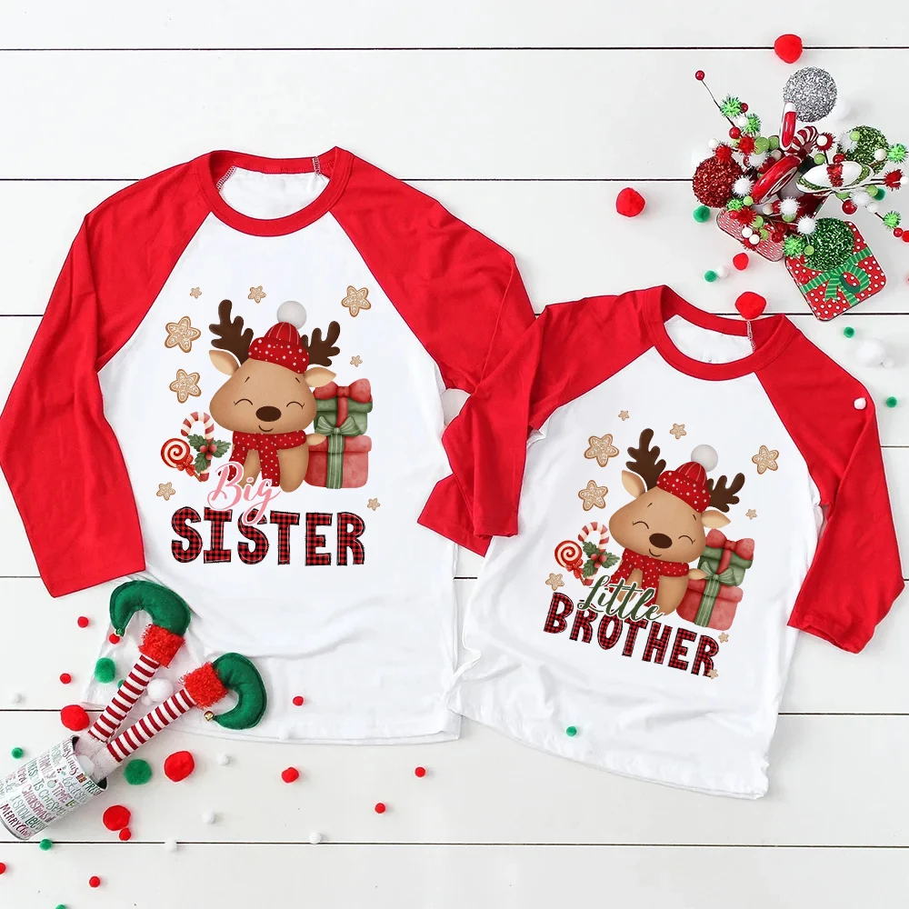 Camisa con estampado de ciervo para niños y niñas, ropa de manga larga para fiesta de Navidad, Tops para hermanos y vacaciones