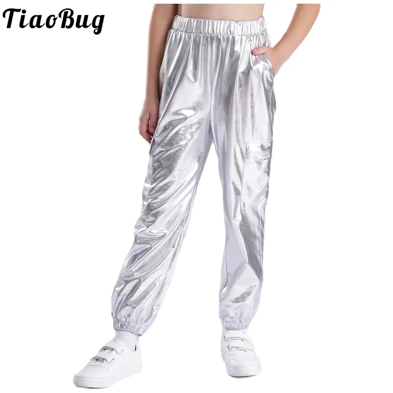 Pantalones de baile jazz hip-hop metálicos para niños con bolsillos
