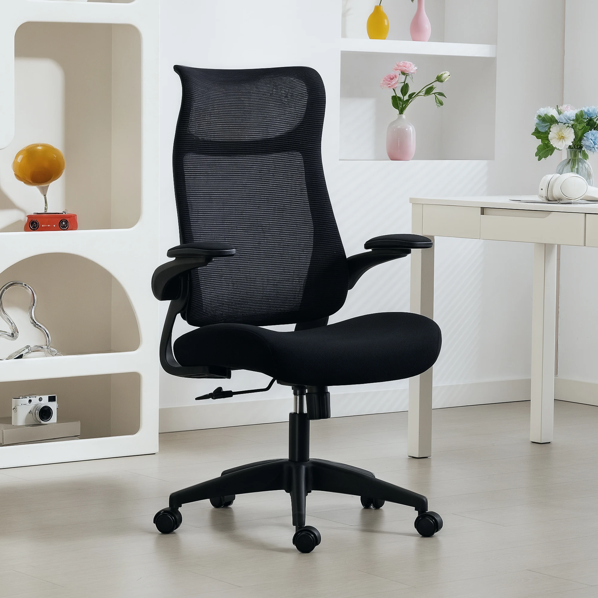 HOMCOM Silla de Oficina Ergonómica Giratoria, con Soporte Lumbar y Reposabrazos 3D Abatibles, Silla de Escritorio de Malla con Reposacabezas Integrado, Función Basculante, Altura Ajustable - imagen 2