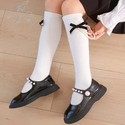 Bebé princesa niños niñas hasta la rodilla calcetín largo niños blanco negro perla arco pantorrilla niños calcetín suave algodón escuela pila medias