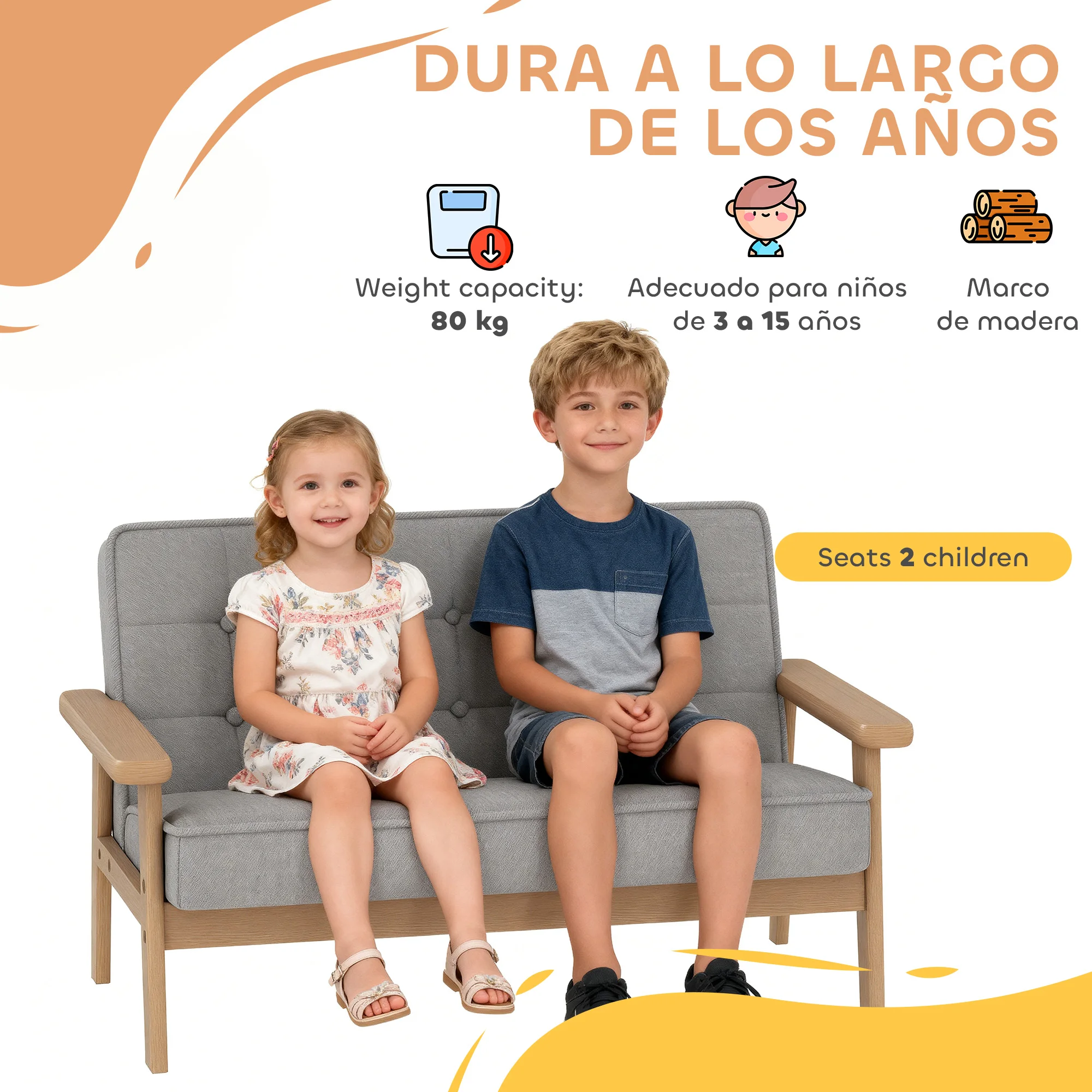 AIYAPLAY Sofá para Niños de 2 Plazas, Sillón Infantil de Felpa Suave con Estructura de Madera, Asiento y Respaldo Acolchados, Reposabrazos, para Niños de +3 Años, para Dormitorio, Sala de Juego, Gris - imagen 5