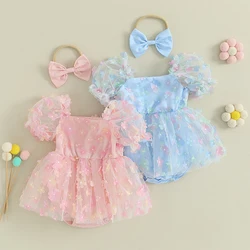 Pelele floral de tul para niña – Conjunto abullonado con diadema