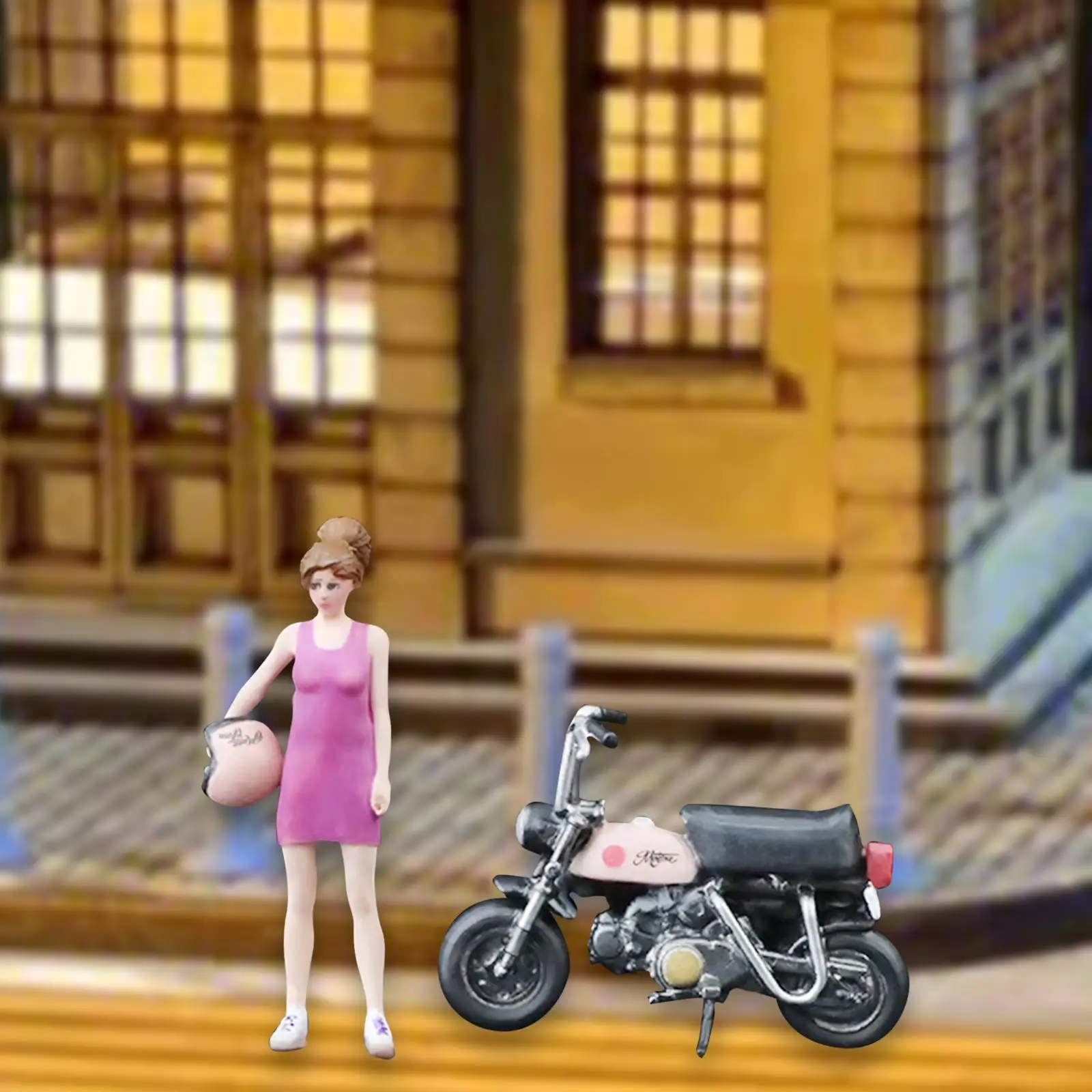 1:64 Girl with Motorcycle Collectibles Miniature Painted Figure for DIY Scene Diorama Photography Props Dollhouse Decoration