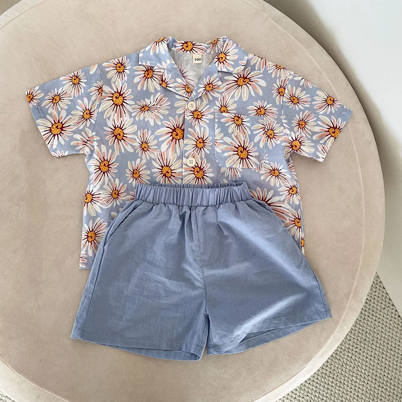 Conjunto para hermanos, ropa de verano para niños de 1 a 8 años, camisa y pantalones cortos de manga corta, 2 uds., traje informal para niños, vestido Floral para niñas - imagen 5