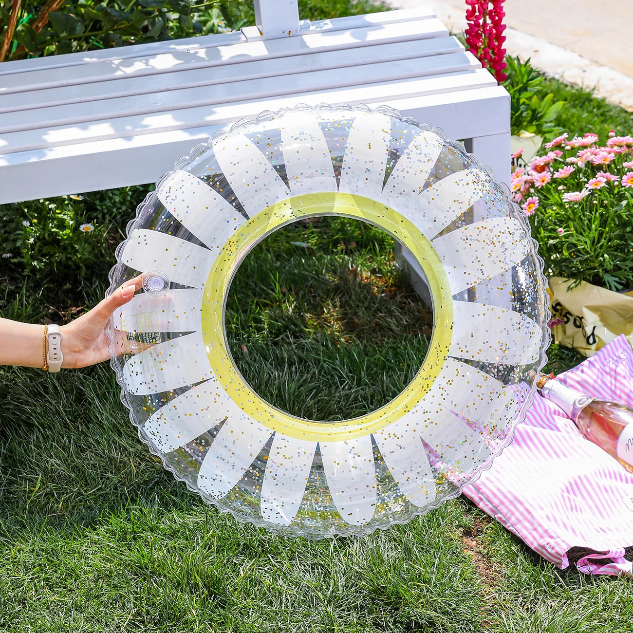 Anillo de natación inflable girasol con purpurina plegable - imagen 4