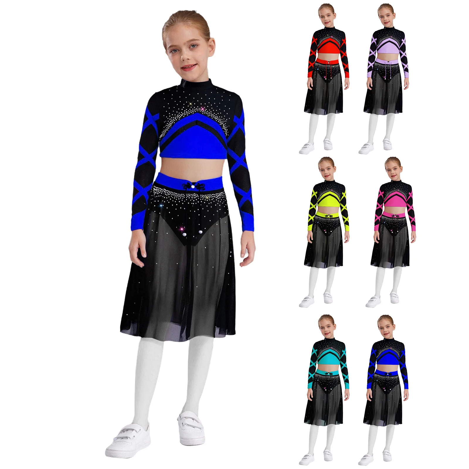 Conjuntos de baile de Ballet para niñas, Ropa de baile contemporánea moderna, trajes de bailarina, Top de manga larga con diamantes de imitación y falda de malla fluida - imagen 2