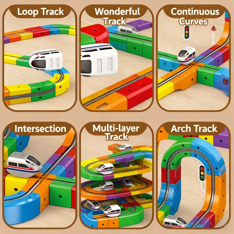Juegos de vías de tren DIY, kits de construcción de vías de coches de carreras con tren y señales de tráfico, juguete educativo STEM para niños, regalo de Navidad - imagen 2