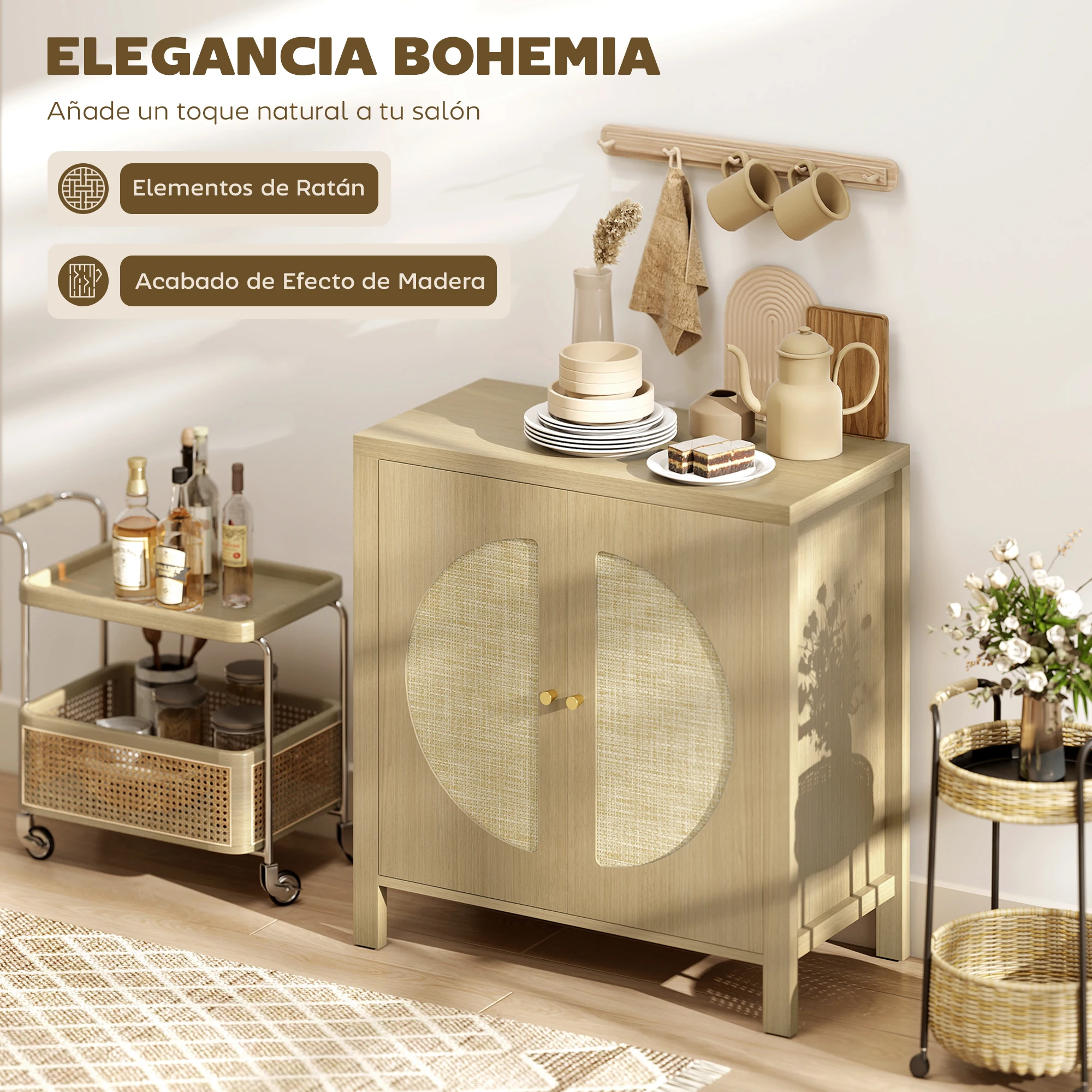 HOMCOM Aparador de Cocina con 2 Puertas de Ratán Sintético, Mueble Auxiliar de Cocina con Estante Ajustable y 2 Tiradores, Mueble de Buffet para Comedor, Salón, 75x38x77 cm, Madera Natural - imagen 4