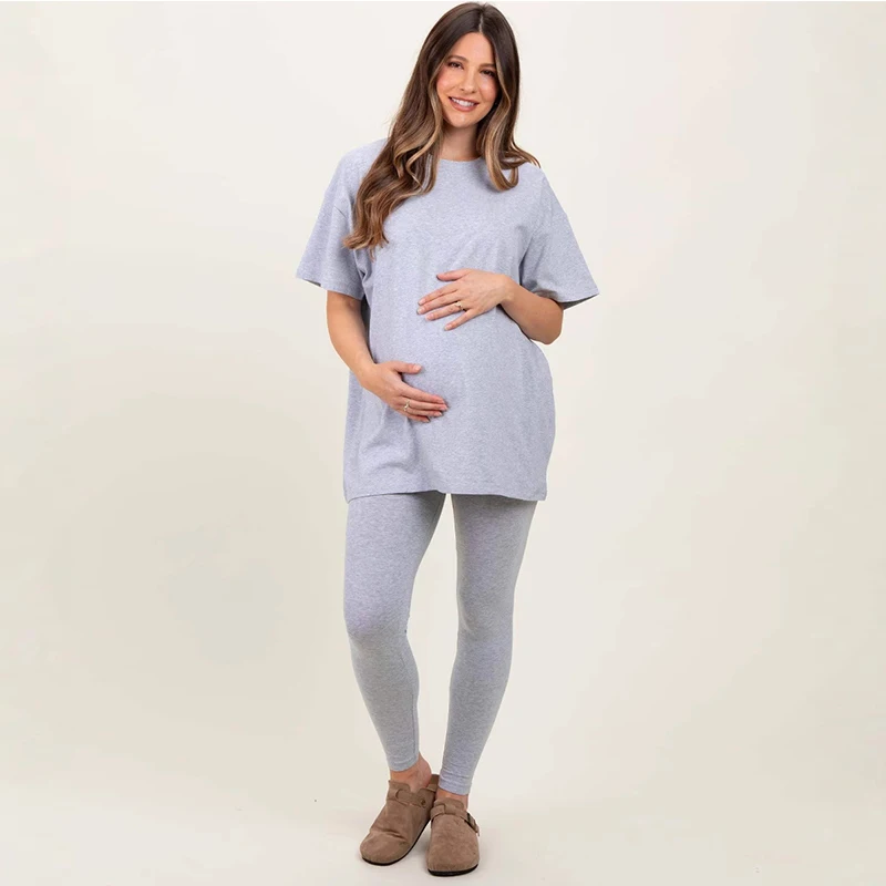 Ropa premamá casual de punto liso cuello redondo y pantalón largo - imagen 2