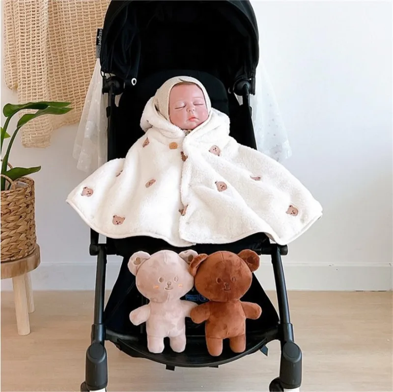 Capa para niños INS con capucha, capa de lana Coral, nuevo Poncho para bebé con bordado, chal cálido a prueba de viento, ropa de abrigo para niño niña - imagen 4