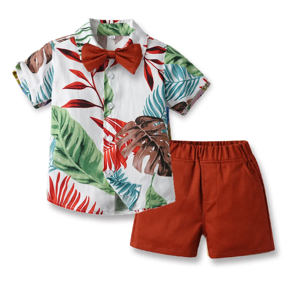 Conjunto de camisetas y pantalones cortos de flores para niño, ropa de verano de algodón para vacaciones, estilo de playa, camisas y pantalones cortos de flores de manga corta - imagen 3