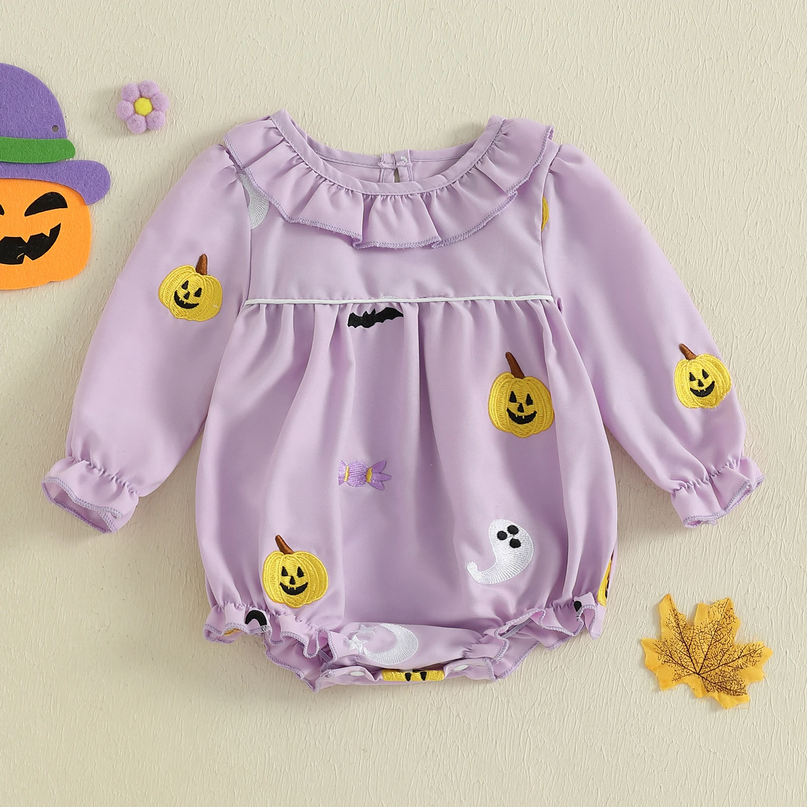 Pelele de Halloween para niña de 0 a 18 meses, mono de burbujas con cuello redondo y volantes de manga larga con bordado de calabaza fantasma