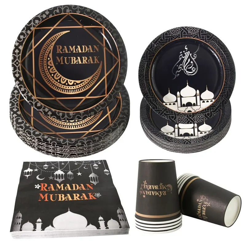 Vajilla desechable Ramadan Mubarak, platos, vasos, decoración de Ramadán, 2025 Eid Mubarak, Ramadan Kareem, suministros para fiestas islámicas musulmanas - imagen 3