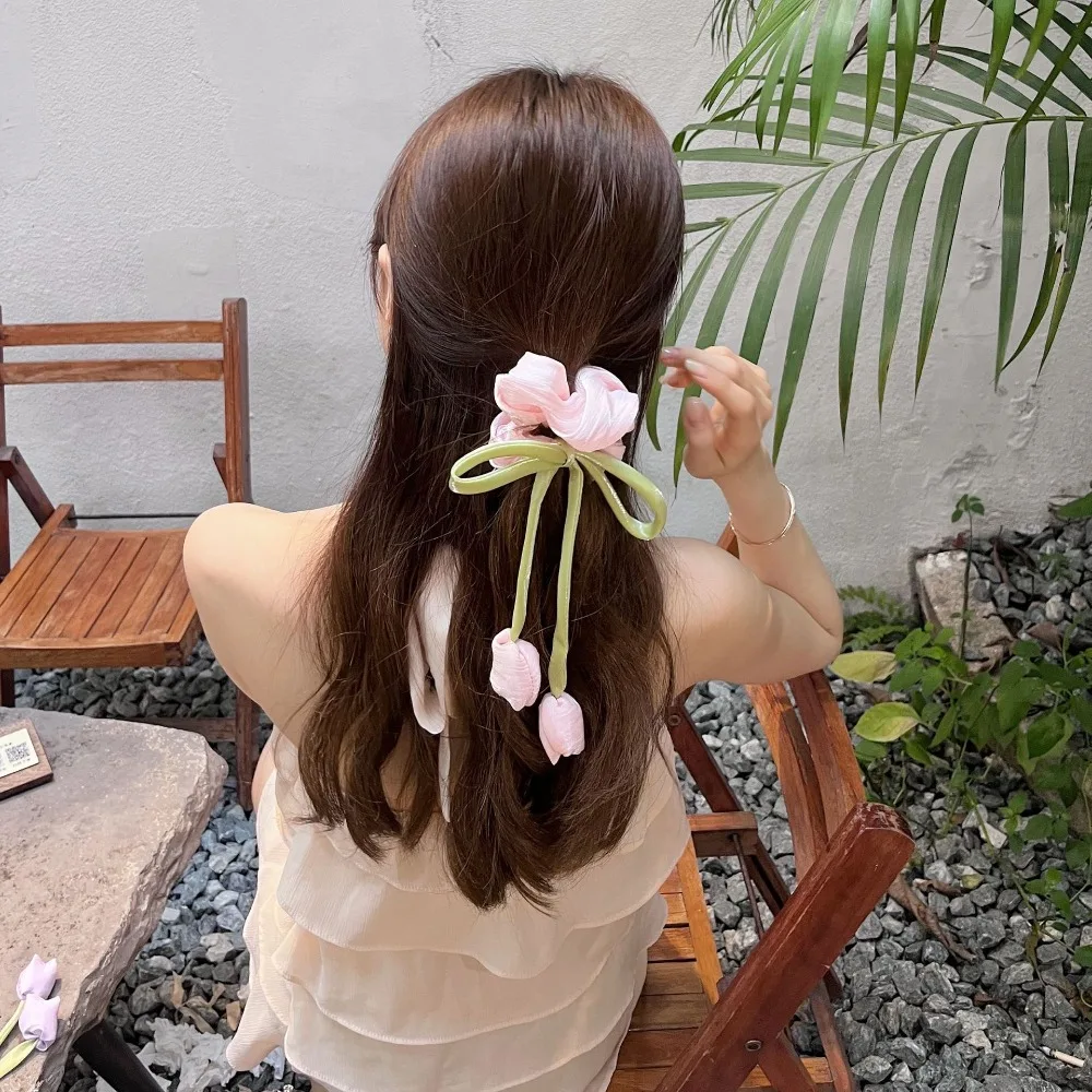 Kiss joyería moda coreana dulce cinta tulipán intestino grueso diadema mujeres niñas INS Rosa blanco flor accesorios de cuerda para el cabello - imagen 3