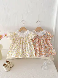 Vestido floral de princesa para niña – manga corta con encaje y cuello loto