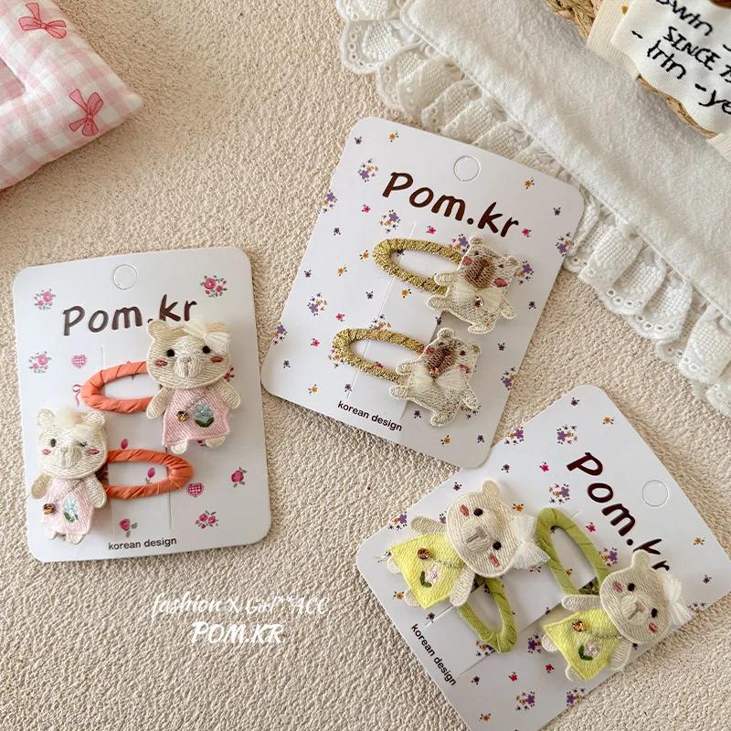 2 unids/set de pinzas para el pelo de bebé con dibujos animados para niña, Clip LATERAL bordado a mano con flequillo de animales Kawaii para niños pequeños, accesorios para el cabello dulces - imagen 3