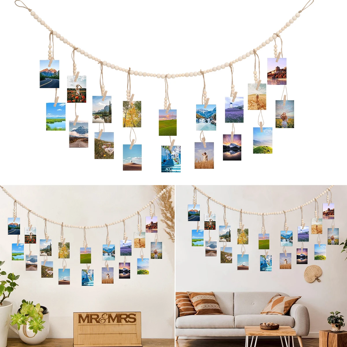 Hanging Photo Display with Log Color Wooden Bead String Photo Storage Tassel String Hemp Rope Bead String Clip Home Decoration