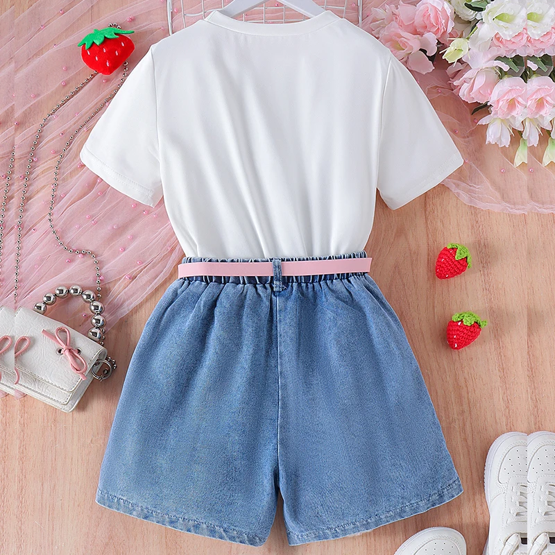 Ropa de verano para Chica adolescente, moda coreana, Tops de manga corta con estampado de fresa para bebé, pantalones cortos vaqueros y cinturón, ropa de Boutique para niños BC705 - imagen 2