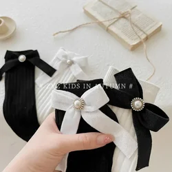 1 pieza de calcetín de primavera y otoño para niña, calcetín hasta la rodilla a rayas de Color sólido con lazo de perlas, calcetín hasta la pantorrilla de algodón Jacquard para niña de 3 a 8 años