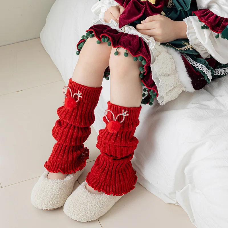 Calentadores de piernas navideños rojos y verdes para niñas, calcetines holgados de punto festivos con patrón de lazo, medias térmicas a media pantorrilla para niños - imagen 3