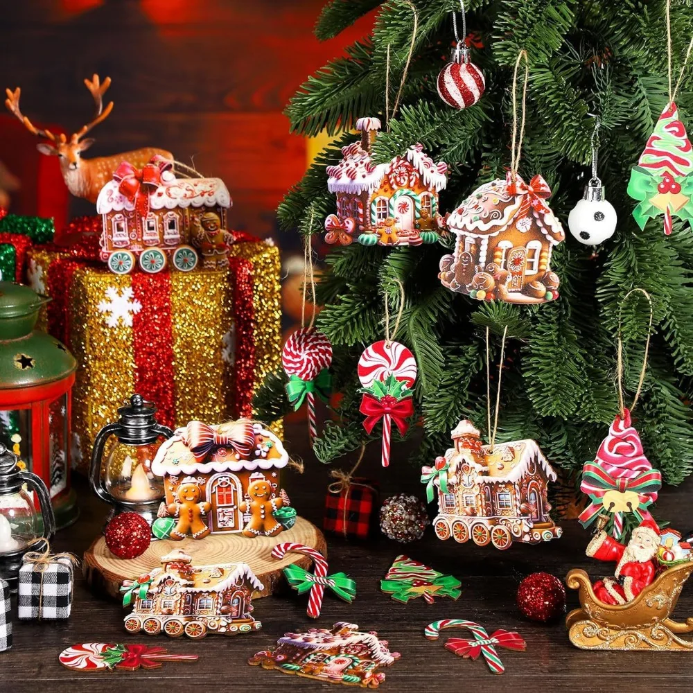 Juego de adornos de madera para árbol de Navidad, dulces de Navidad, redonda piruleta, casa de pan de jengibre, tren plano, Donut, pastel, anchuras, 12/24/36 piezas - imagen 4