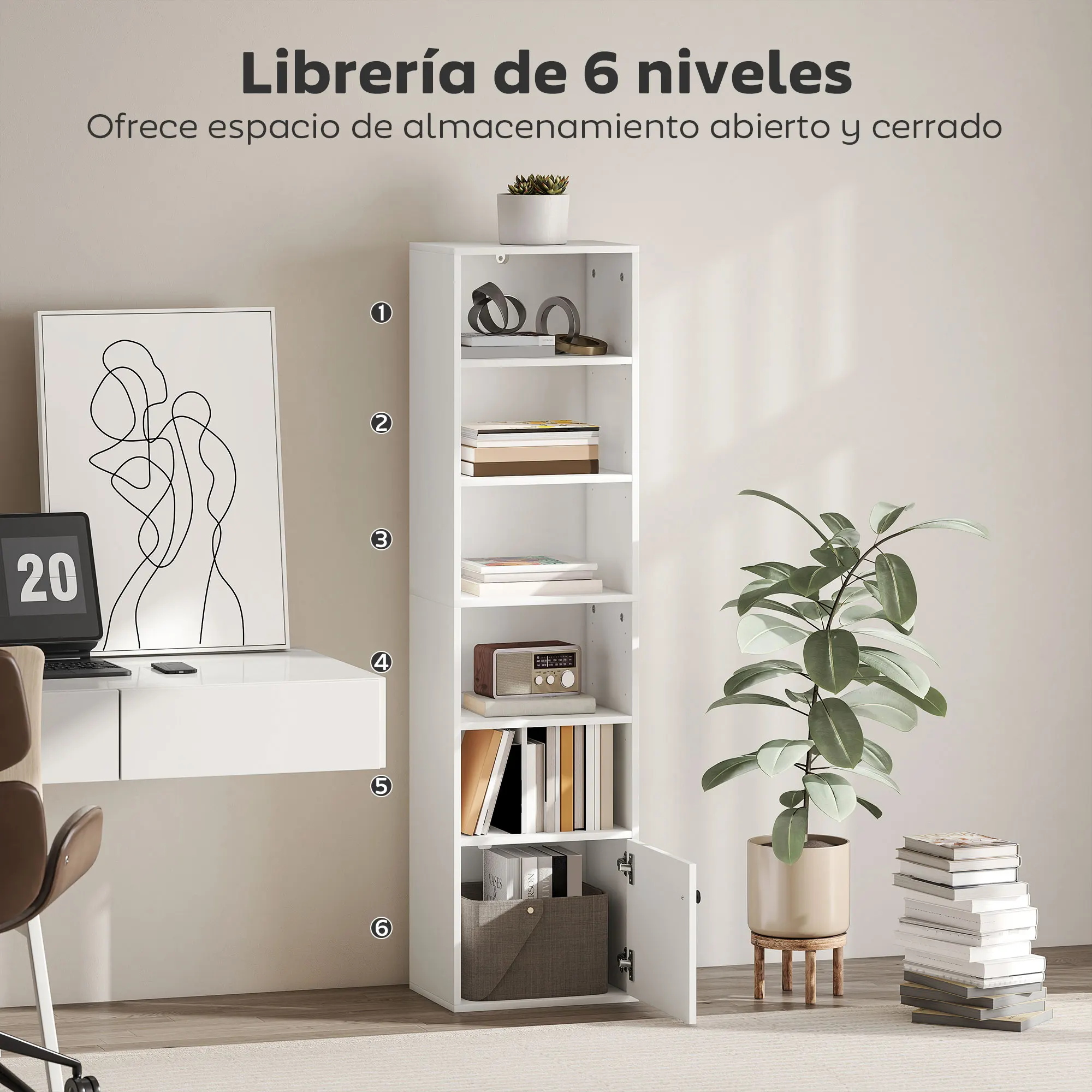 HOMCOM Librería de 6 Niveles, Estantería para Libros con Estantes Ajustables y Puerta, Estantería Moderna, 40x30x156 cm, para Salón, Dormitorio, Estudio, Oficina, Blanco - imagen 3
