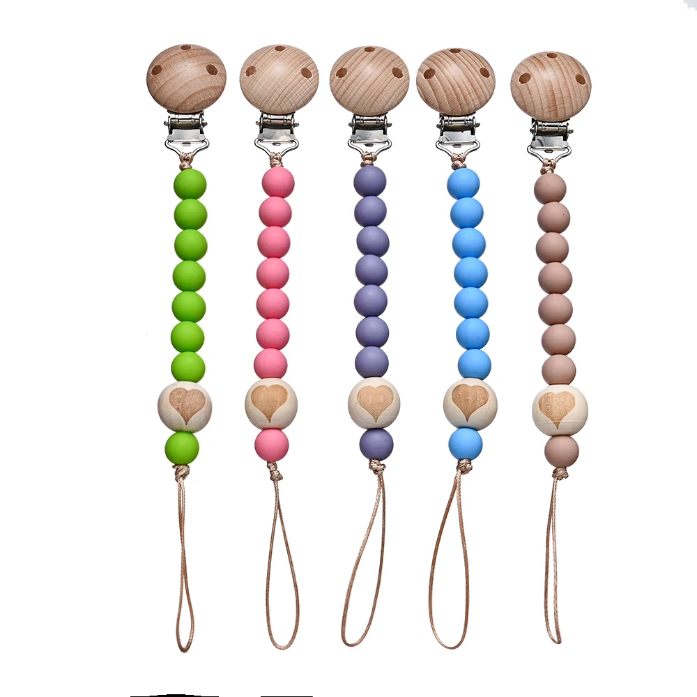 Cadena de dentición con cuentas redondas de silicona para el cuidado, chupete, juguetes para masticar, regalo de ducha, Clips de cadena para chupete de bebé, mordedor de pentagrama de madera - imagen 3