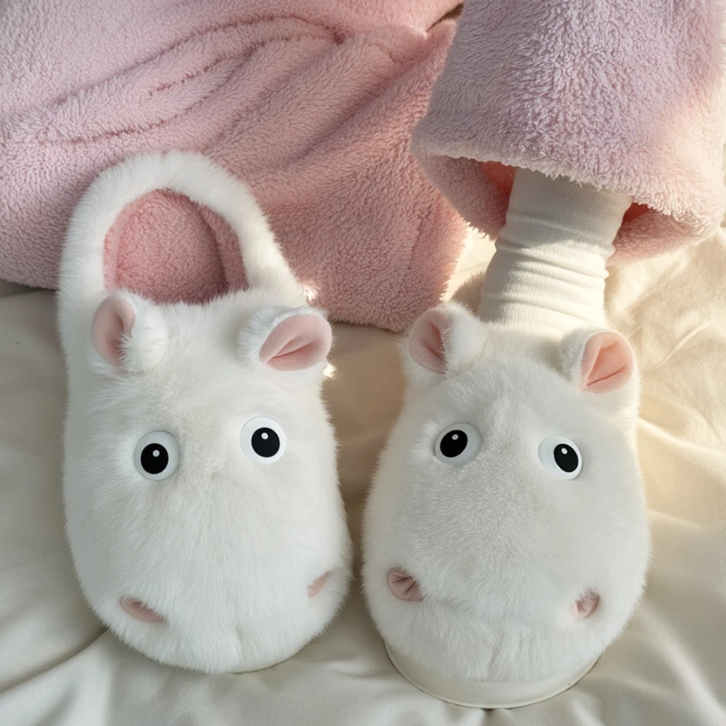 Zapatillas mullidas de interior para mujer, bonitos dibujos de hipopótamo, zapatos de casa para otoño e invierno, chanclas de algodón antideslizantes de felpa cálidas para el suelo del hogar