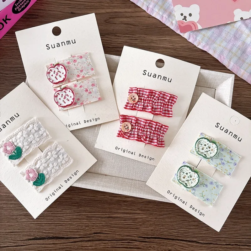 Pinzas para el cabello de tela Floral dulce de estilo coreano para niñas, Mini pasadores a presión bordados de encaje, bonitos Clips BB para bebés y niños, flequillo lateral - imagen 4