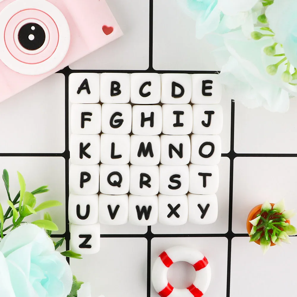 12mm 100 Uds cuentas de letras de silicona alfabeto inglés para nombre personalizado DIY para fabricación de joyas
