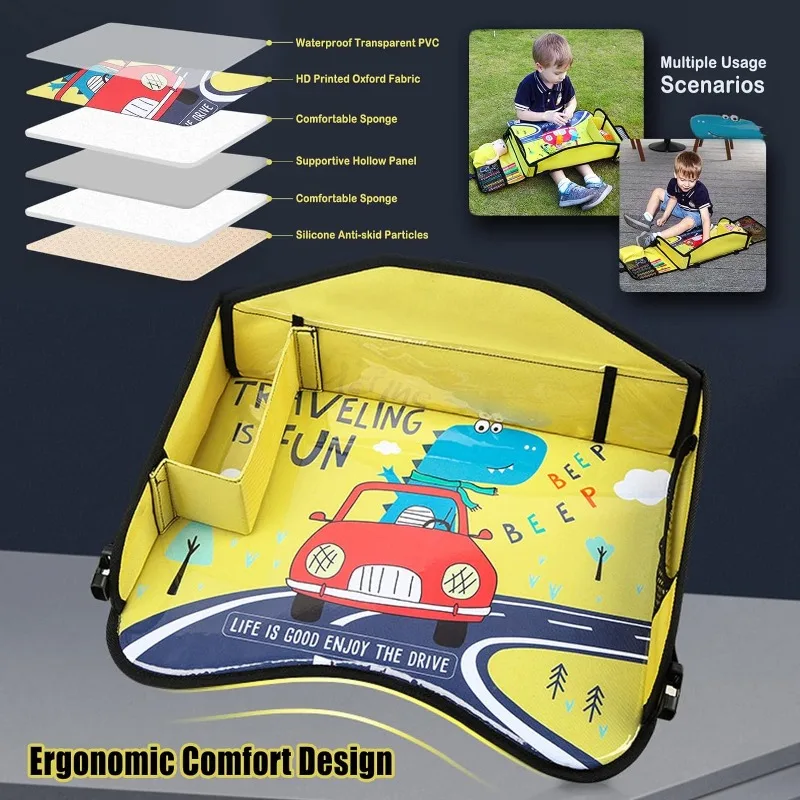 Bandeja de viaje para niños pequeños y niños, asiento de coche, bandeja de regazo para avión, bandeja de mesa de asiento de coche con organizador para actividades de viaje por carretera - imagen 4