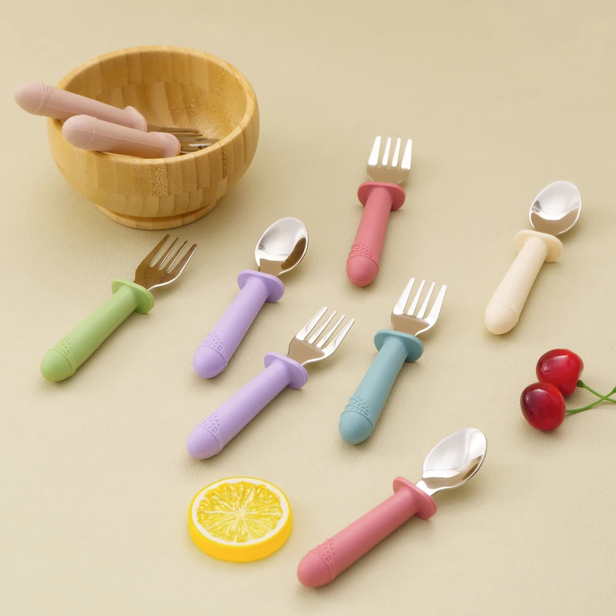 Juego cuchara y tenedor para bebé acero inoxidable mango color sólido - imagen 2
