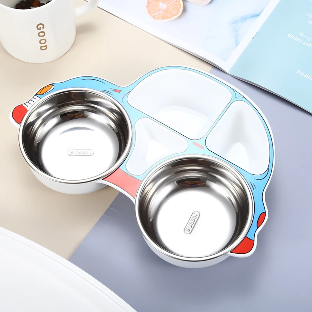Set de comedor infantil con plato coche y cubiertos acero inoxidable