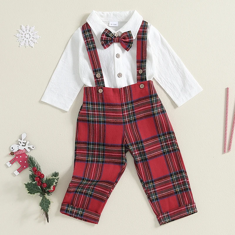 Traje de caballero para bebé con solapa y tirantes de cuadros - imagen 2