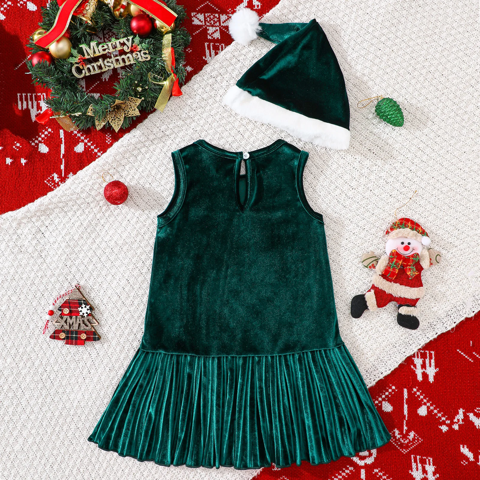 Conjunto de 2 piezas de vestidos de Navidad para niñas, vestido de princesa de lana sin mangas con estampado bonito + sombrero, ropa de Boutique para niños B253 - imagen 4