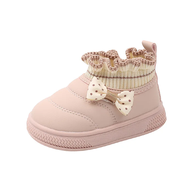 Botas de nieve para niñas, botas cálidas de felpa para invierno, bonito lazo, zapatos de princesa para niños, suela suave para exteriores, zapatos de algodón antideslizantes para niños - imagen 5