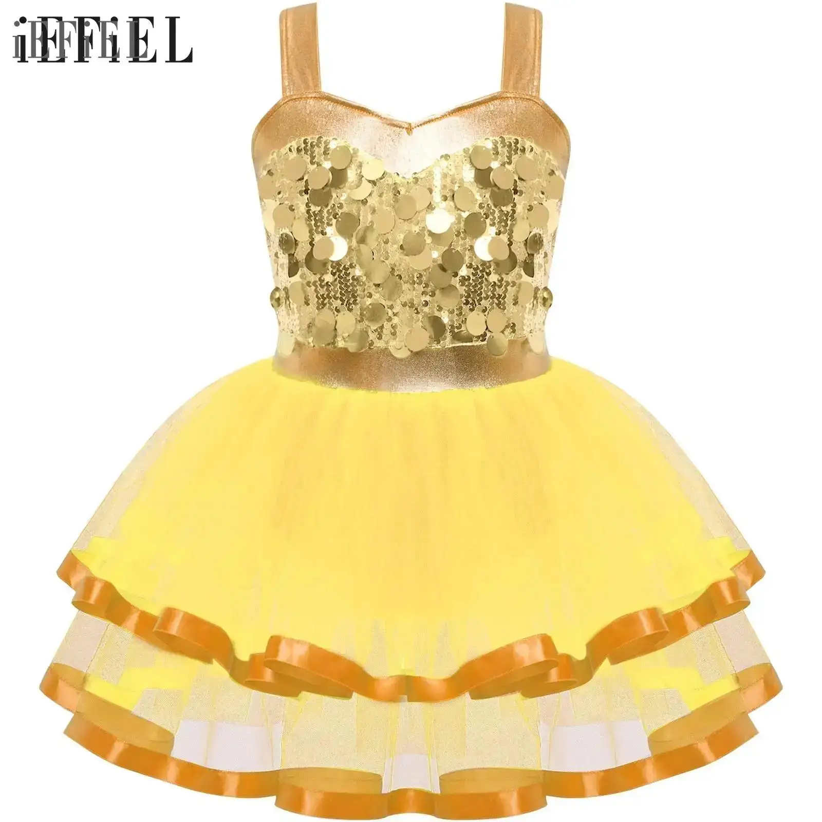 Vestidos de tutú de Ballet para niñas, disfraz de princesa bailarina, sin mangas, bloque de Color, lentejuelas brillantes, vestido de leotardo de patinaje artístico