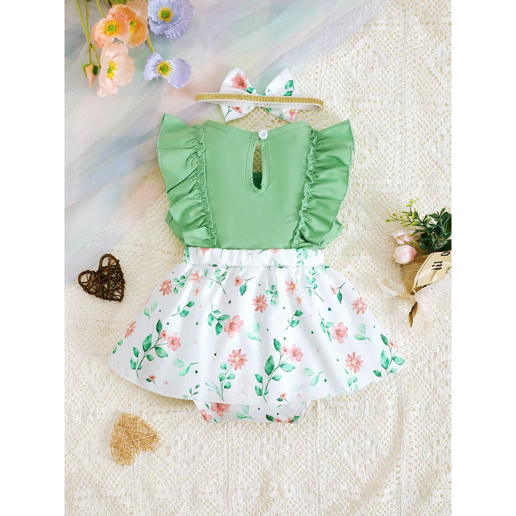 Body + sombreros para niña recién nacida, vestido Floral verde sin mangas con volantes, vestidos bonitos para niña de 1 a 12 meses, 2 uds. - imagen 5