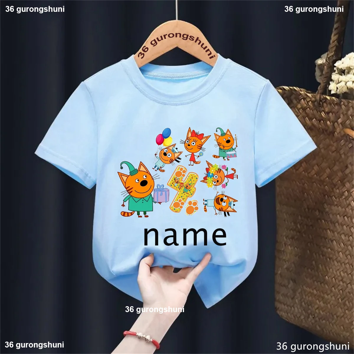 Camiseta con nombre personalizado para niños y niñas, ropa divertida de gato familiar, Harajuku, color liso, regalo de cumpleaños, 1, 2, 3, 4. °