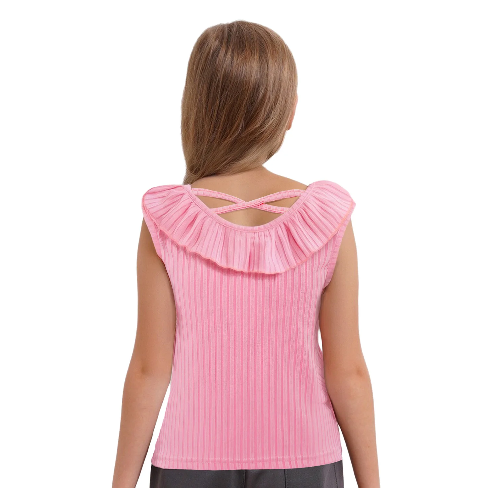 Camisetas sin mangas lindas para niñas, camiseta sin mangas acanalada con volantes, camiseta sin mangas, chaleco trasero cruzado a la moda para vacaciones, playa, Picnic, fin de semana - imagen 3