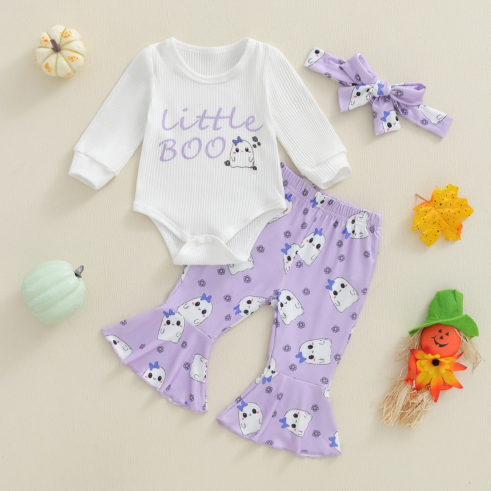 Conjunto de 3 piezas de mameluco de manga larga con estampado de calabaza y diadema de Halloween para niña de 0 a 18 meses