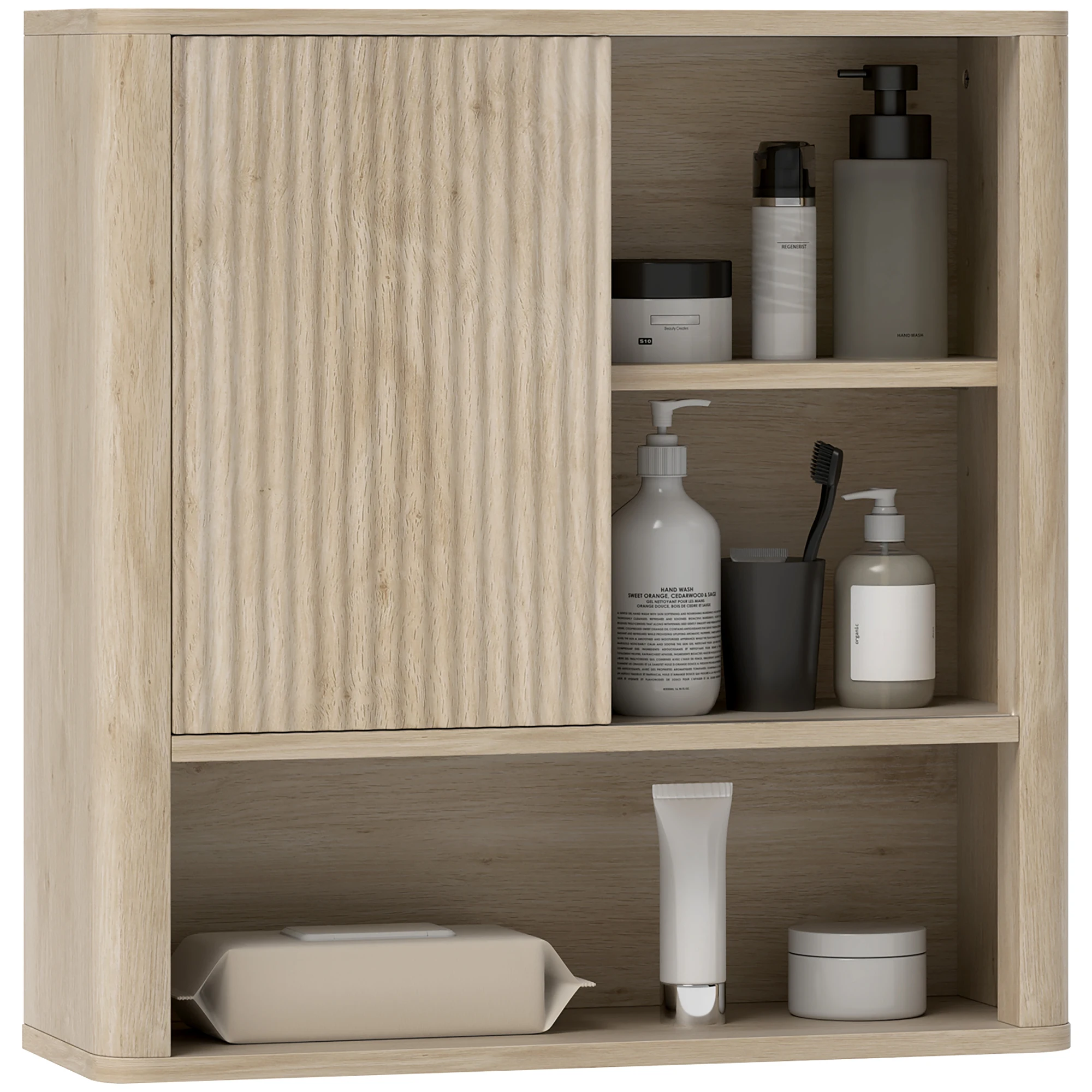 HOMCOM Armario de Baño de Pared Mueble de Baño Colgar con Estantes Ajustables Puerta Corredera Compartimentos y Diseño con Perfil Curvo 60x20x62 cm Natural