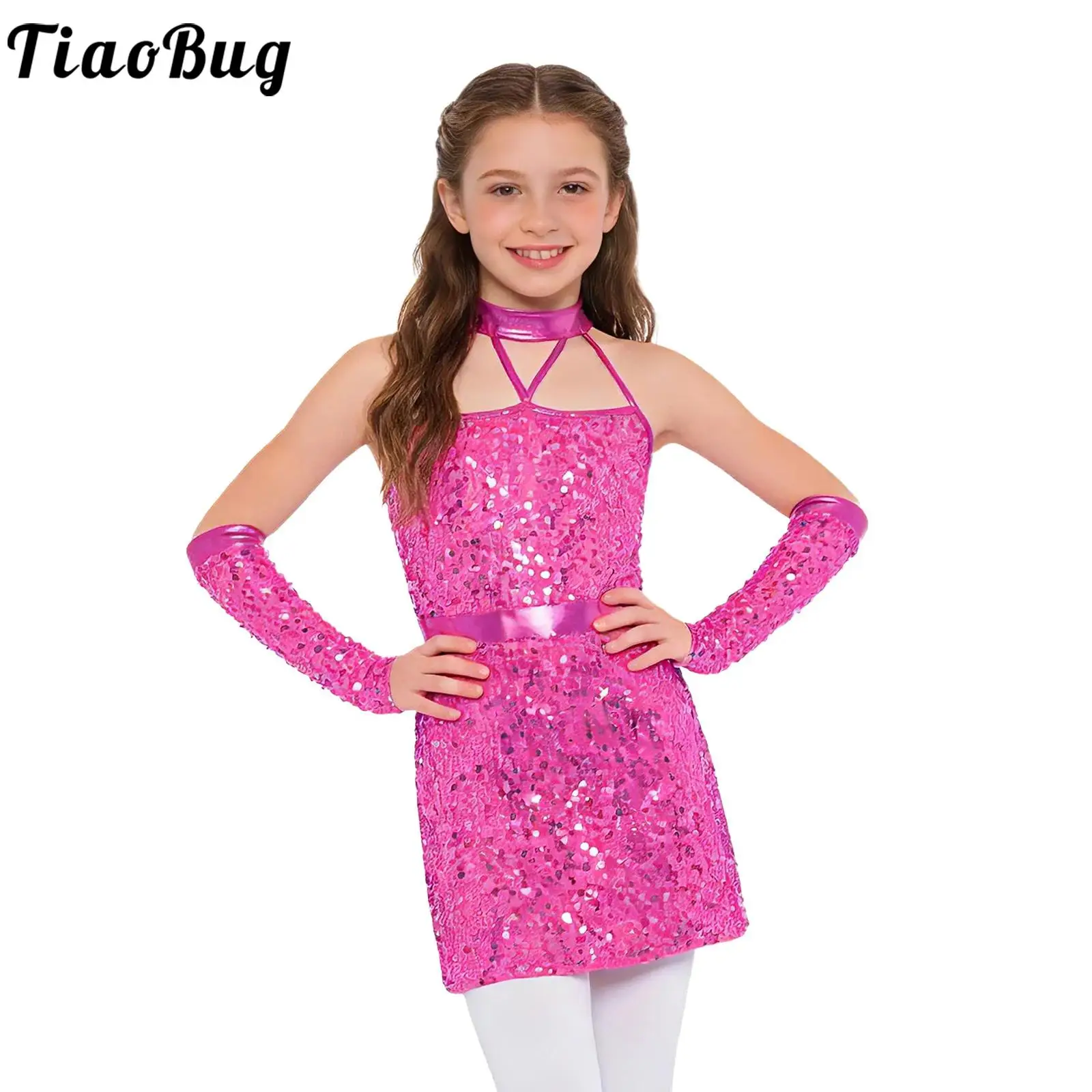 Vestido de baile latinoamericano para niña con lentejuelas y guantes - imagen 3