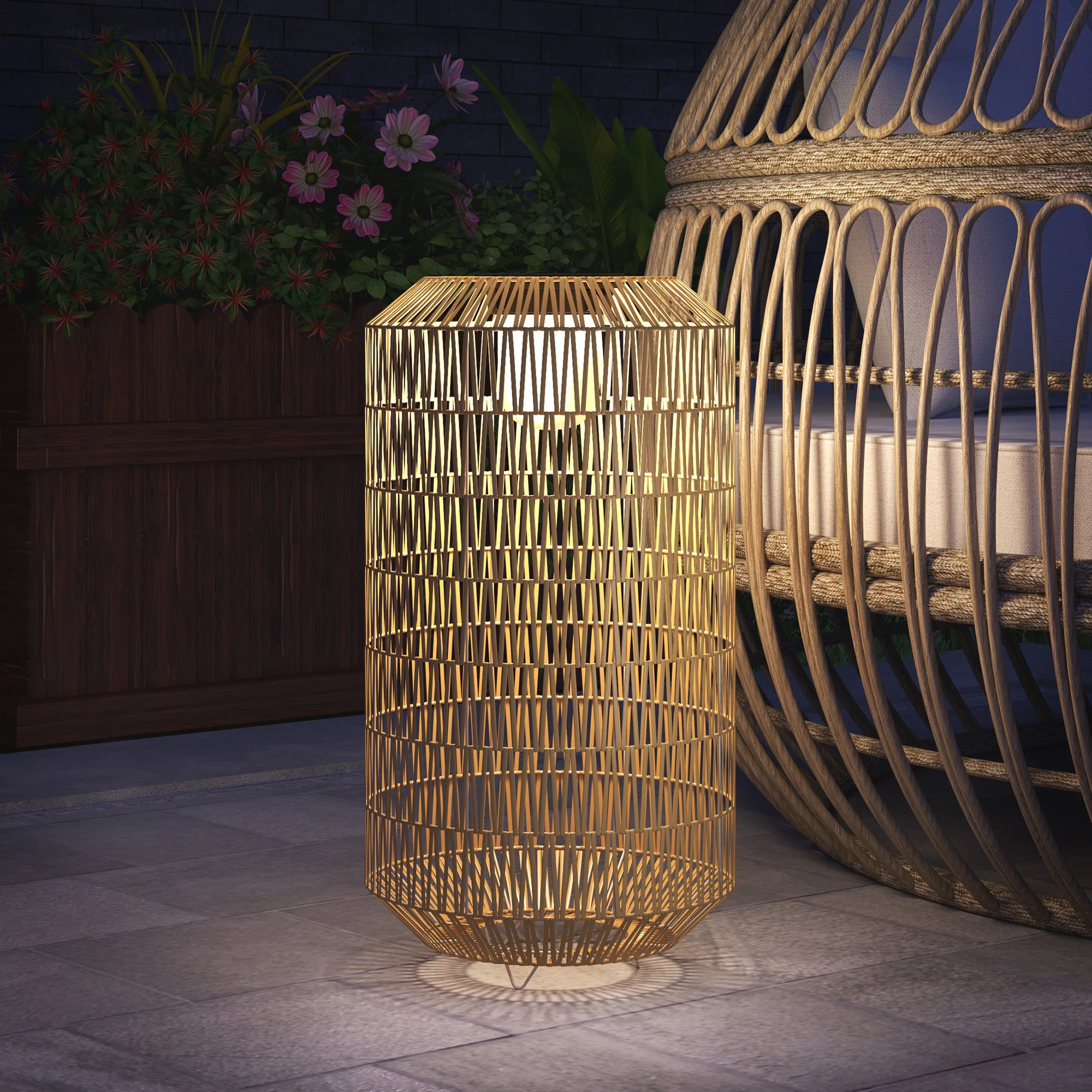 Outsunny Linterna de Jardín de Ratán Sintético Farola Solar con Luces LED Encendido y Apagado Automático Diseño Bohemio Impermeable para Terraza Balcón Patio Ø30x55 cm Natural
