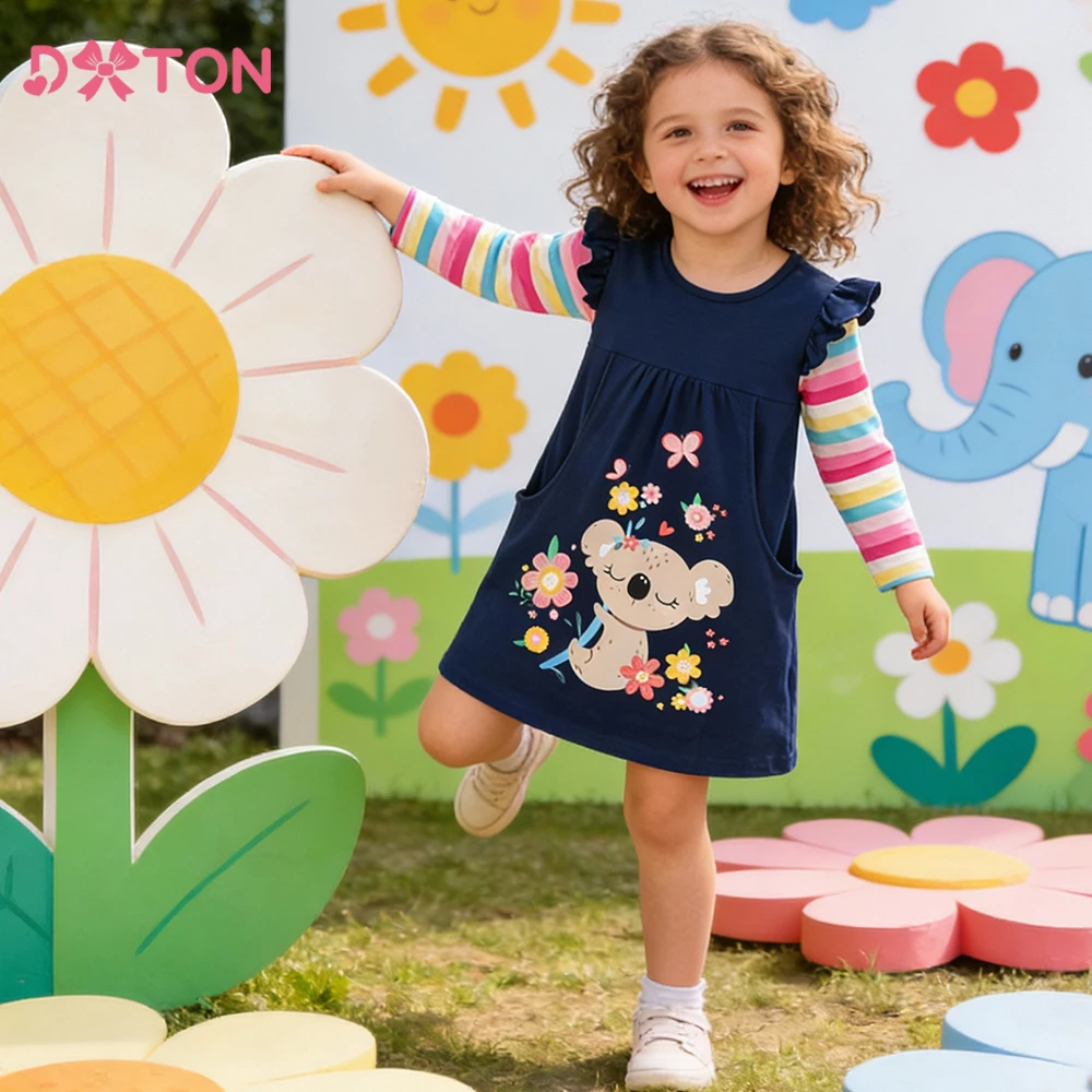 Vestido manga larga de algodón DXTON para niña – Estampado oso escolar